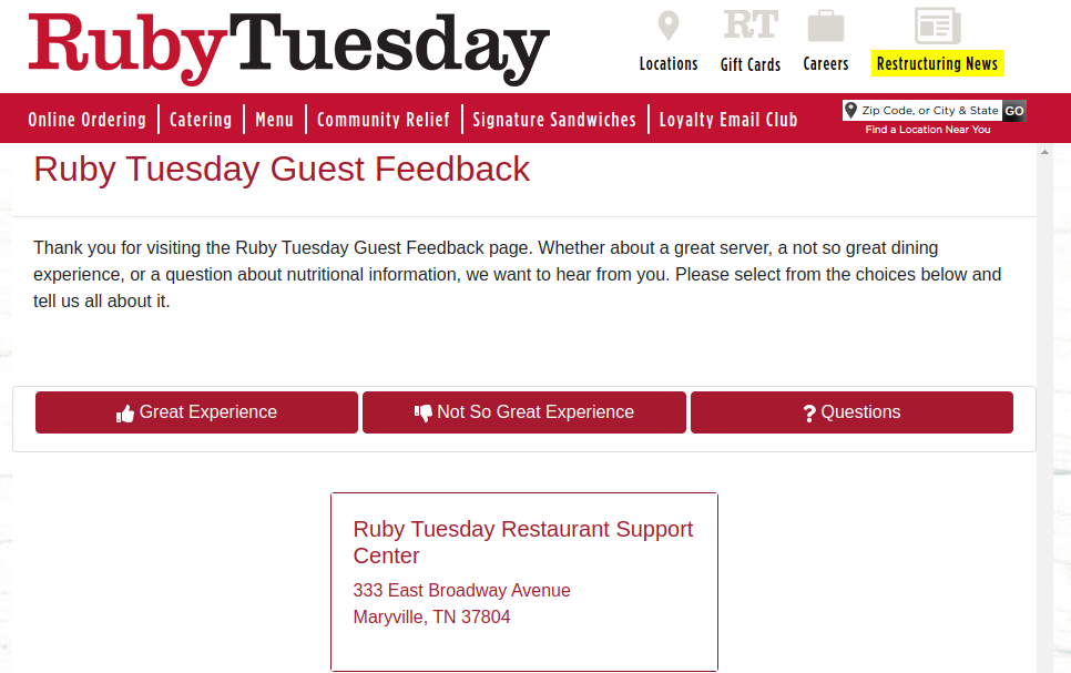 Ruby Tuesday Guest Survey